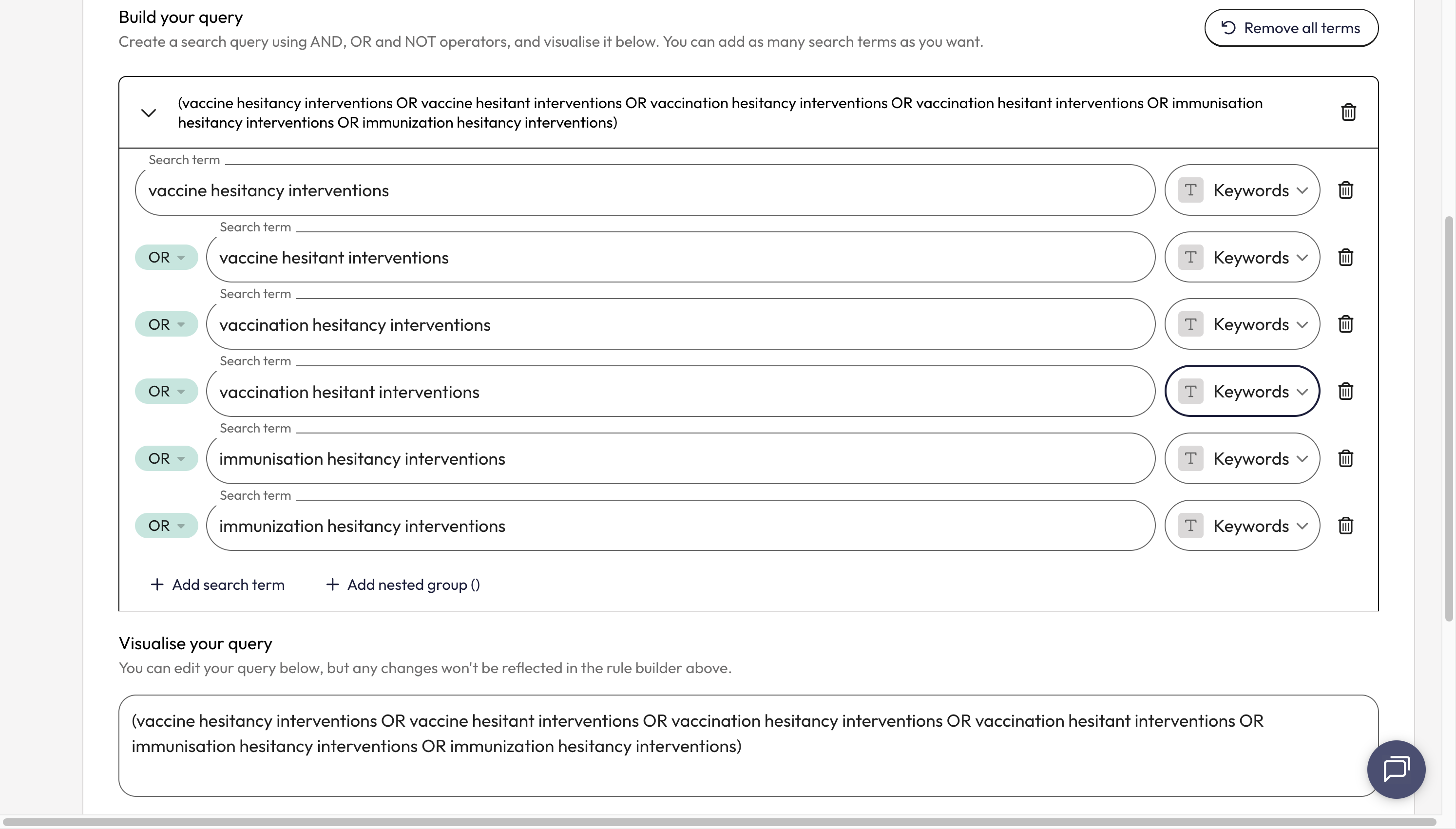 Once you have added all your variant combinations of terms, you will need to apply the proximity search operator.