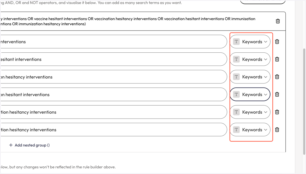 Once you have added all your variant combinations of terms, you will need to apply the proximity search operator.