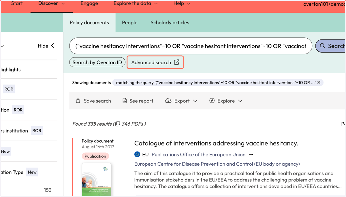 At any point, you can click on 'Advanced search' to refine your search or to add additional terms.