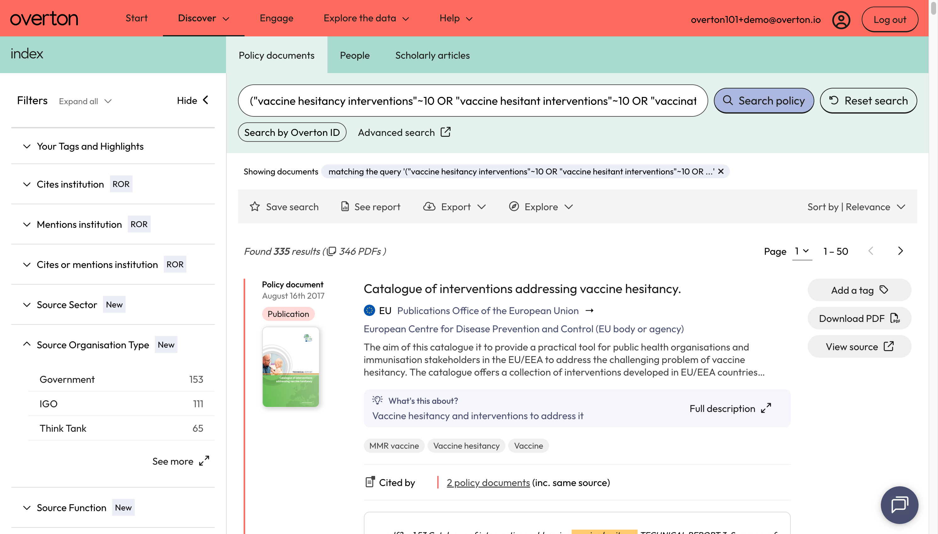 Your results will be on the 'Policy Documents' page. We tell you how many documents contained your search terms within proximity to each other.