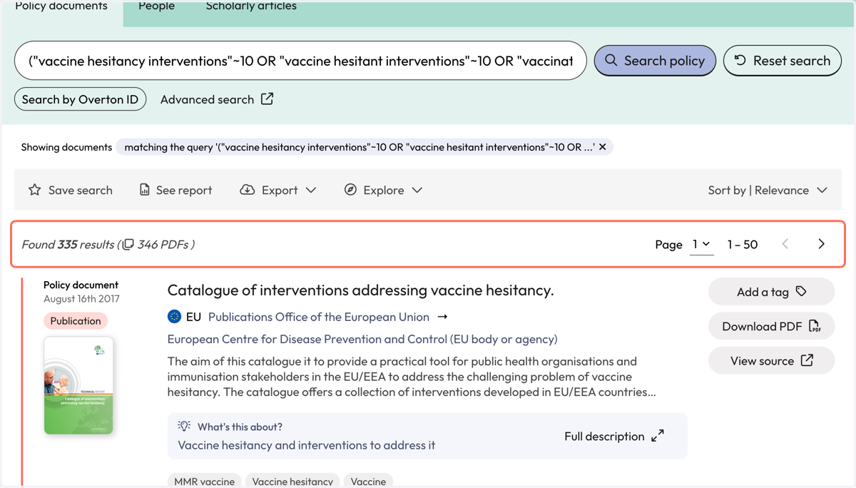 Your results will be on the 'Policy Documents' page. We tell you how many documents contained your search terms within proximity to each other.