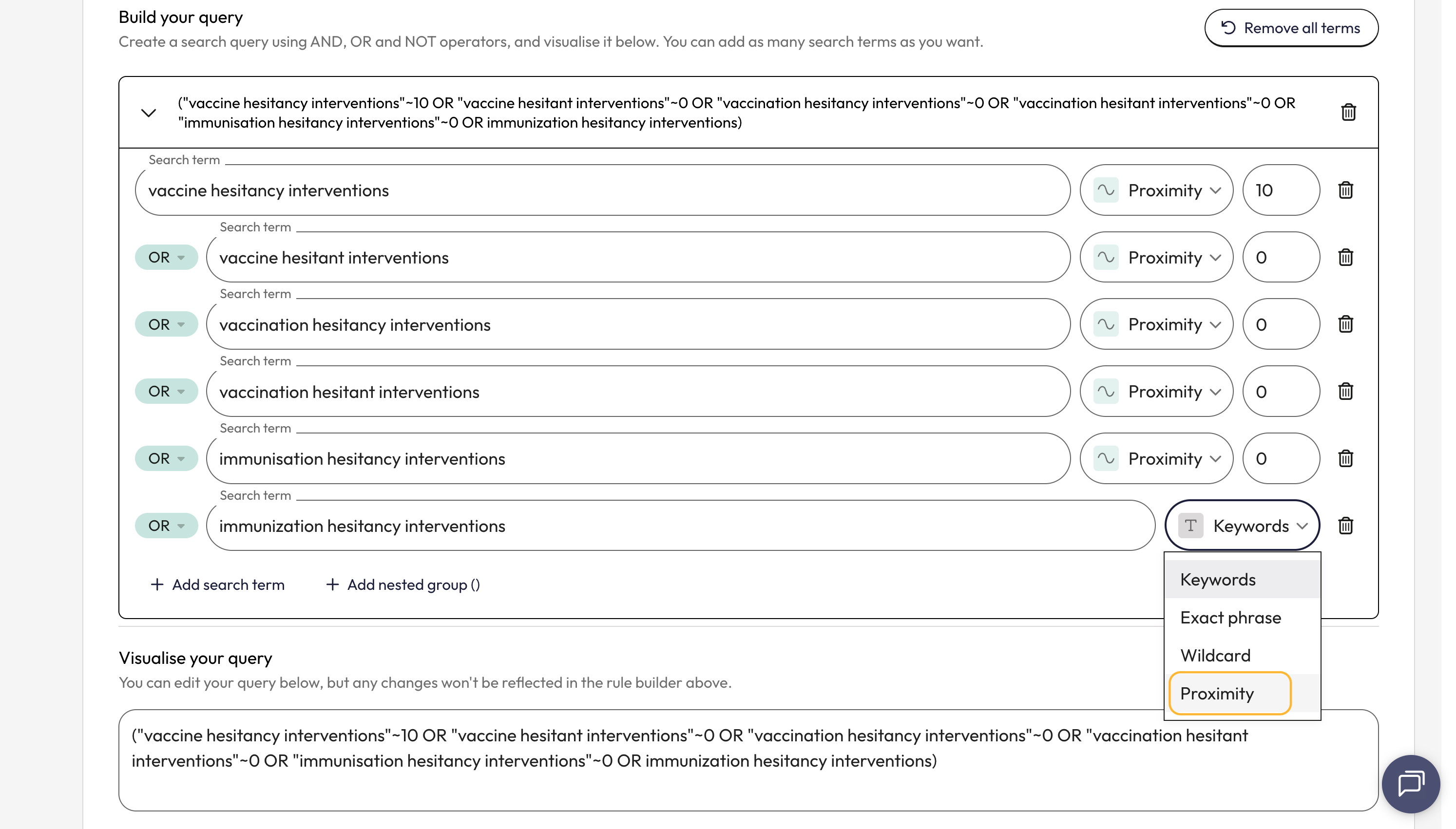 From the dropdown, select 'Proximity' beside each search line.