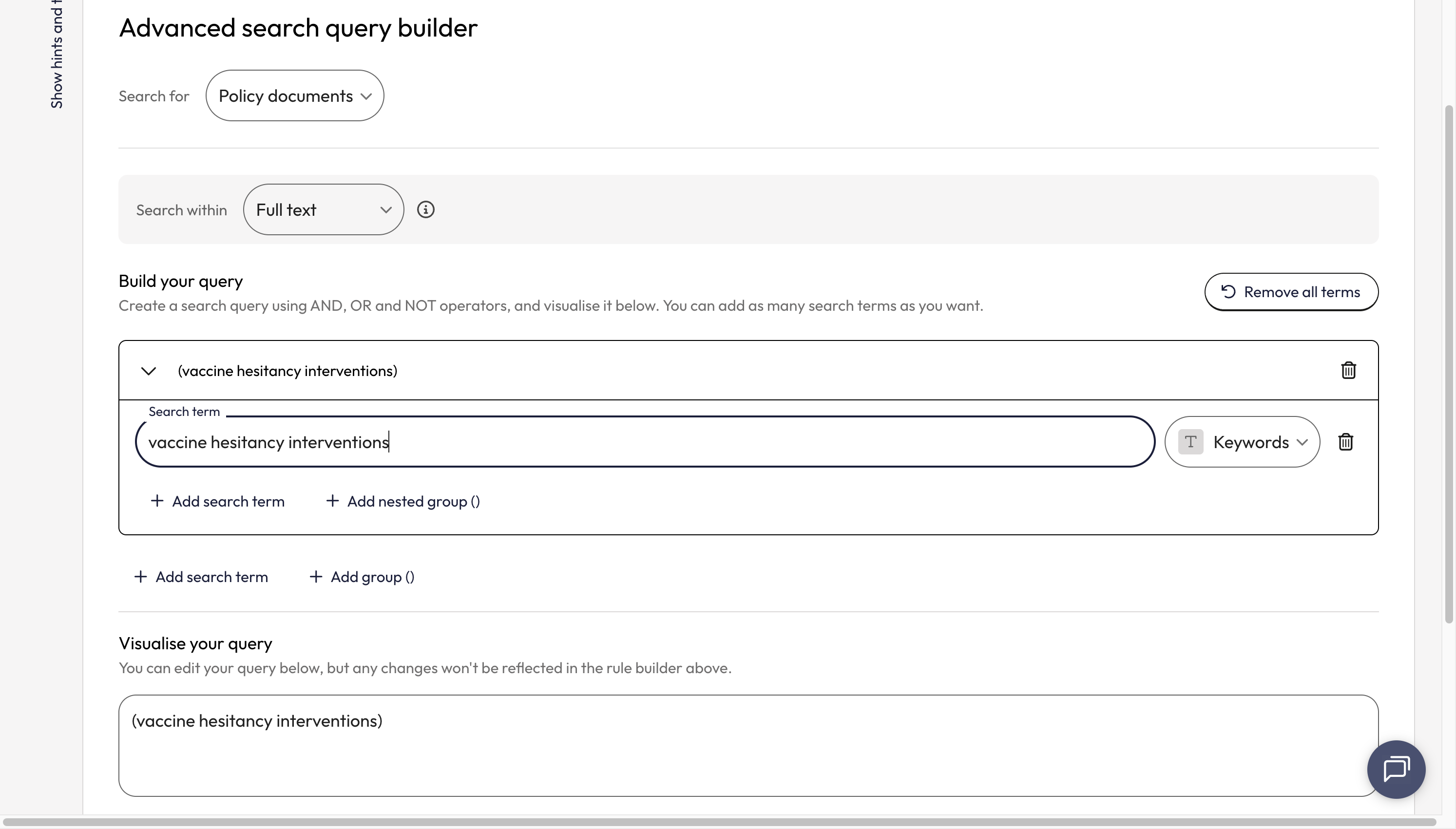 Once the group appears, add your first search term to the search box.