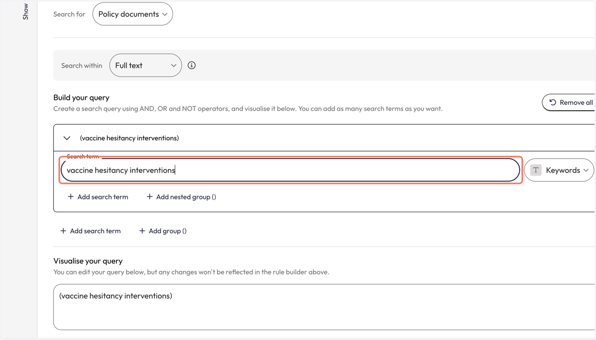 Once the group appears, add your first search term to the search box.