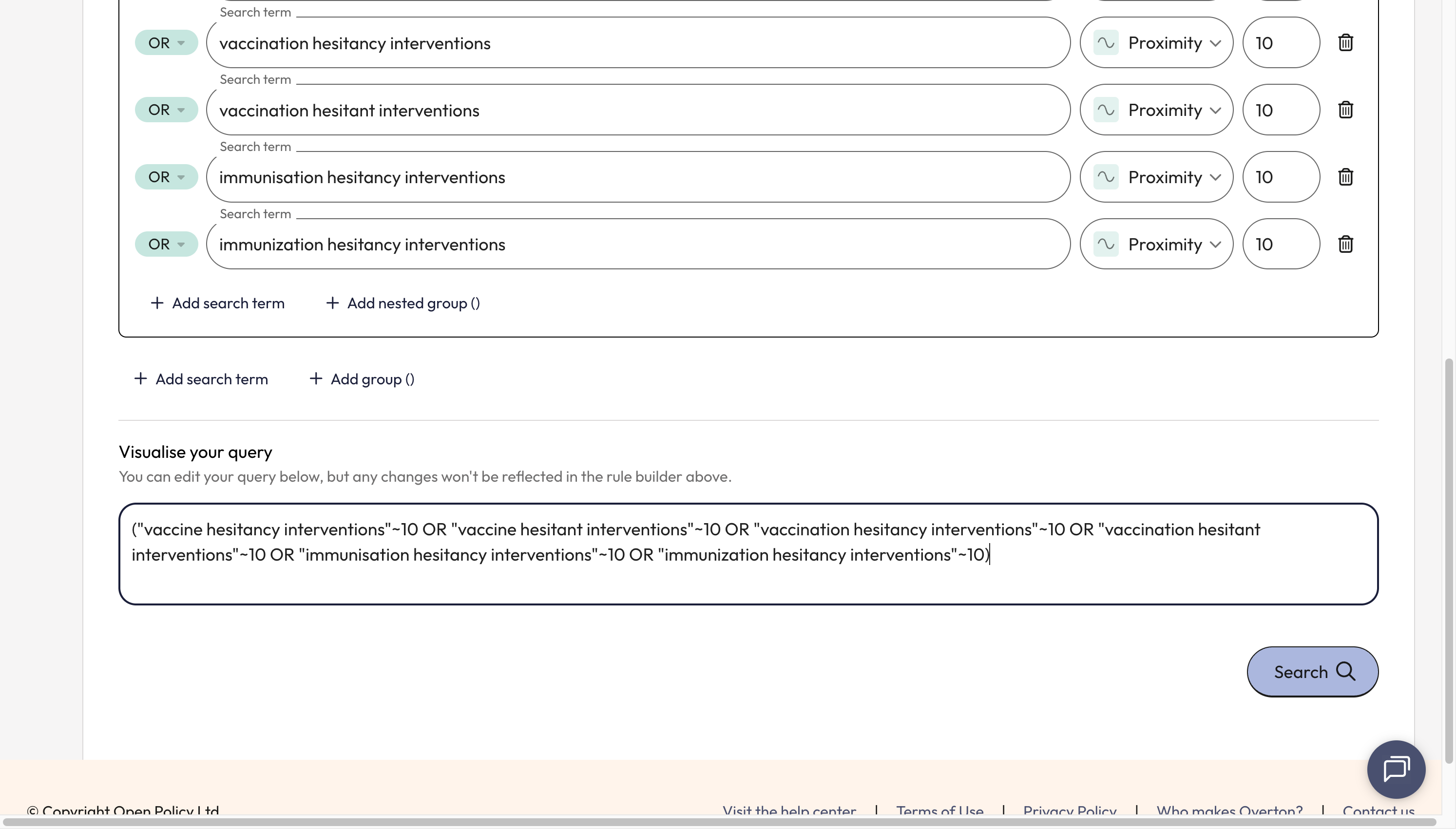 See the visualisation of your entire concept group as a search query visualised in the 'Visualise your query' box.