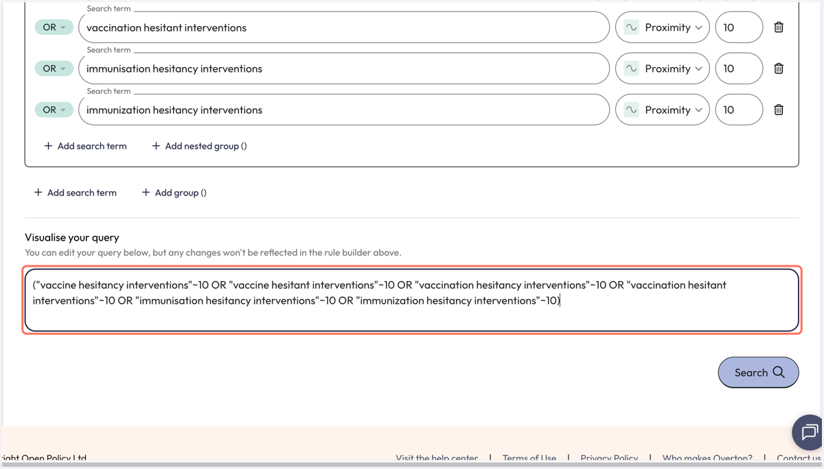 See the visualisation of your entire concept group as a search query visualised in the 'Visualise your query' box.