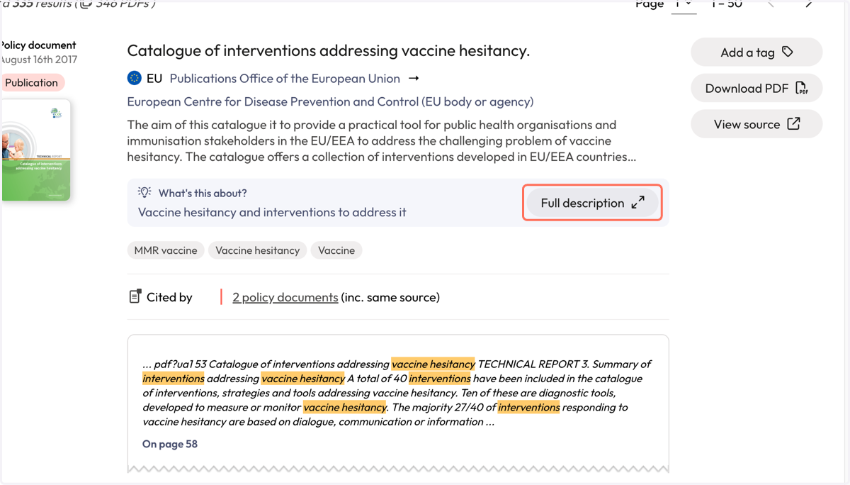 If you want to understand more about a document in your results, click on the 'Full description' to read an AI generated document summary.