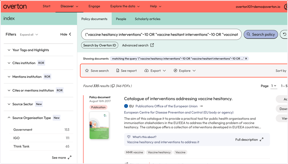 Use the grey action bar to save your search, generate a summary report, export*, or explore further if needed.