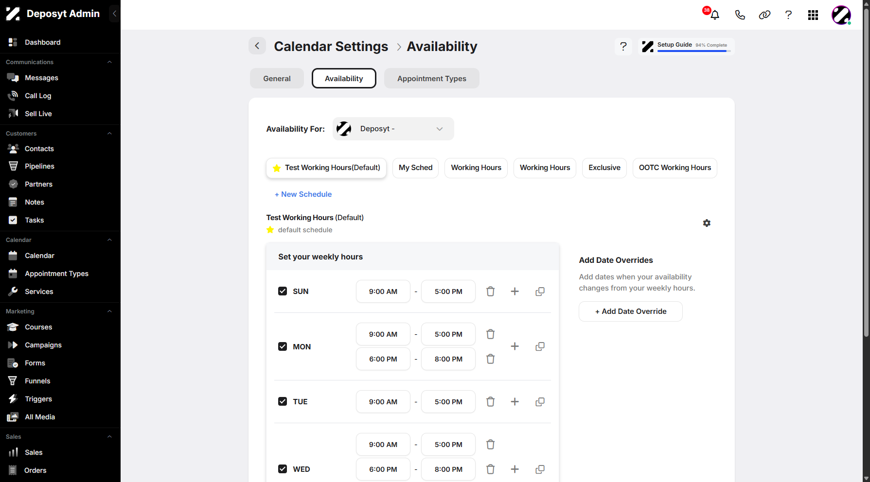 Step 6: You will then be taken to the Availability section. You can now manage your availability; you can delete, add, or duplicate it.
