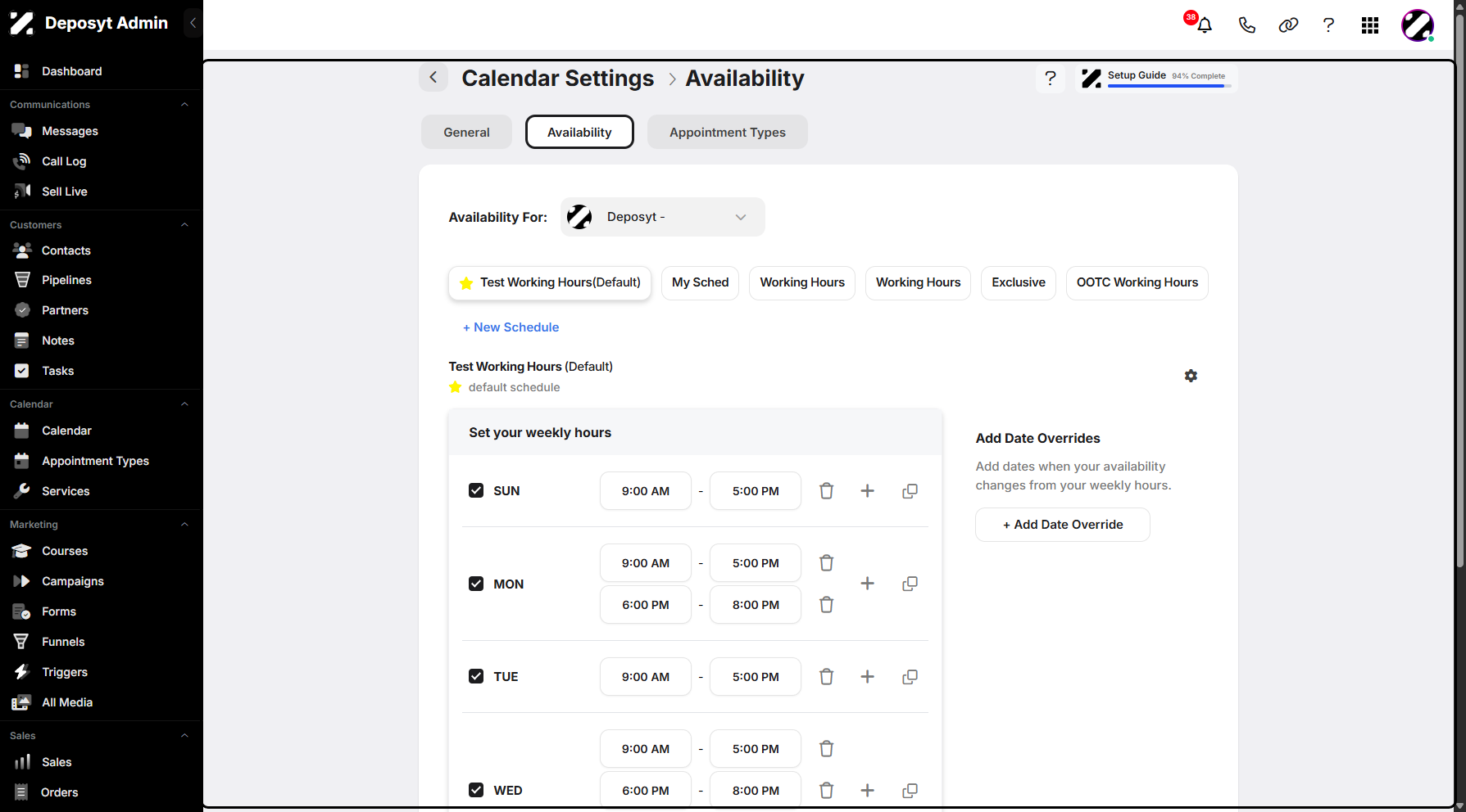 Step 6: You will then be taken to the Availability section. You can now manage your availability; you can delete, add, or duplicate it.