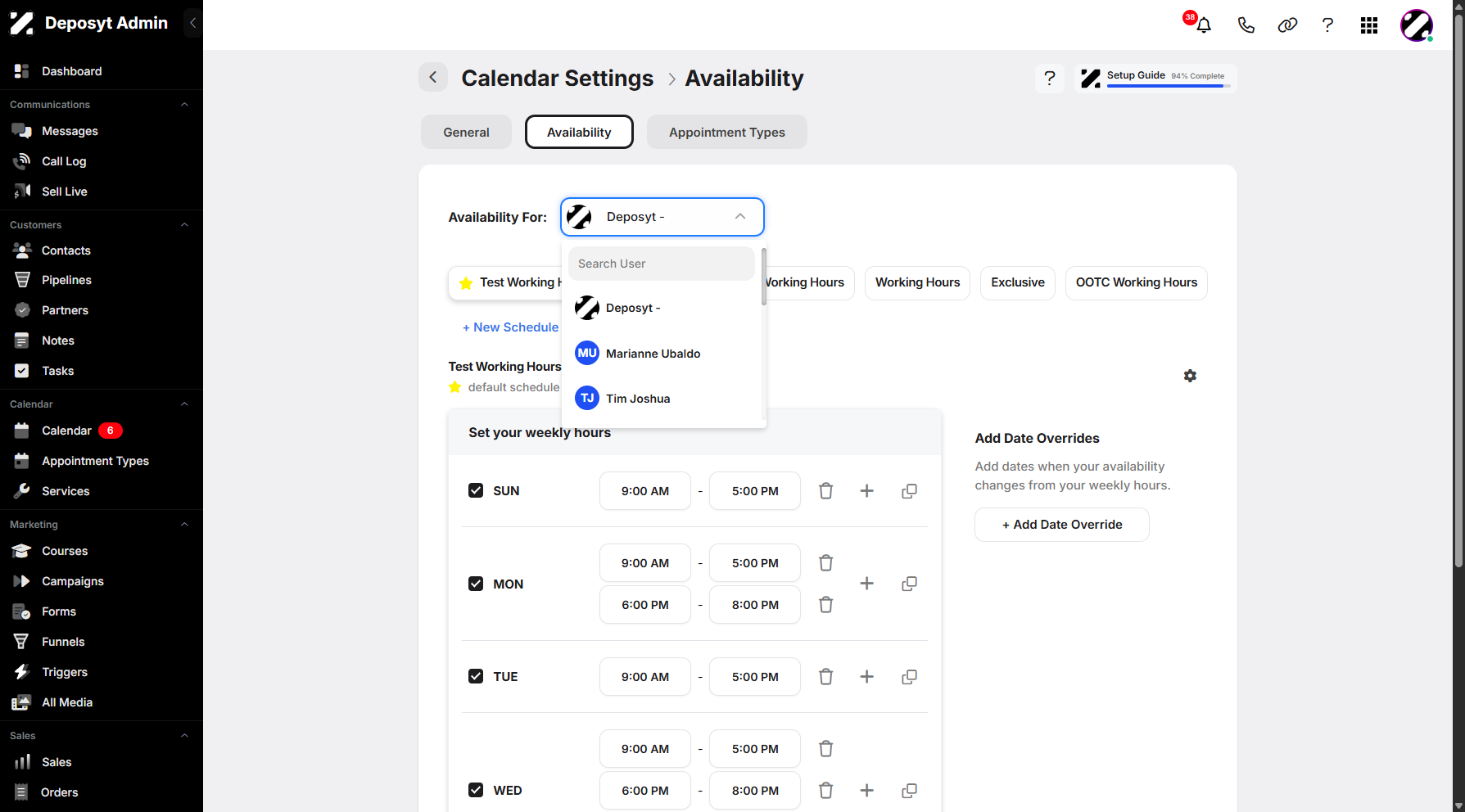 Step 7: You can manage other users’ availability by clicking and selecting from the dropdown menu.