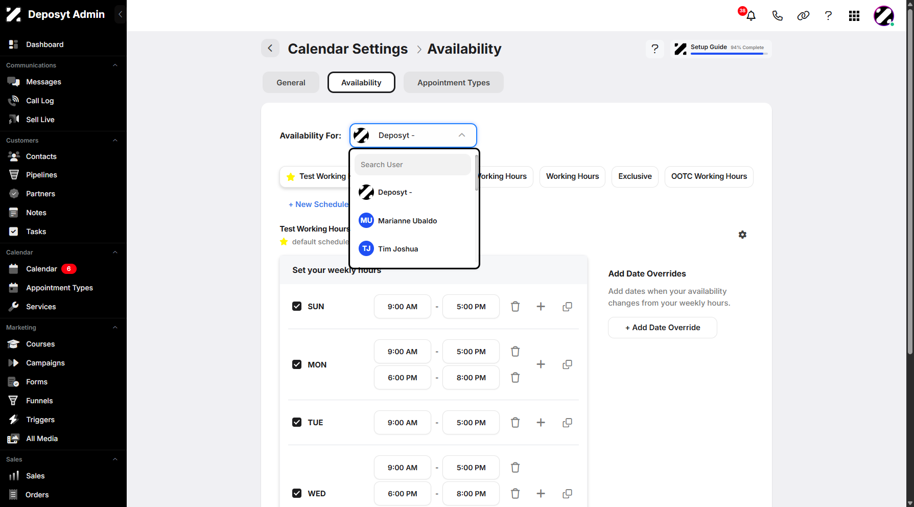 Step 7: You can manage other users’ availability by clicking and selecting from the dropdown menu.