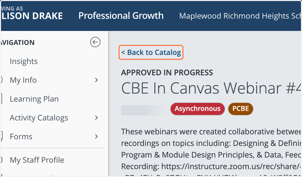 Click on < Back to Catalog