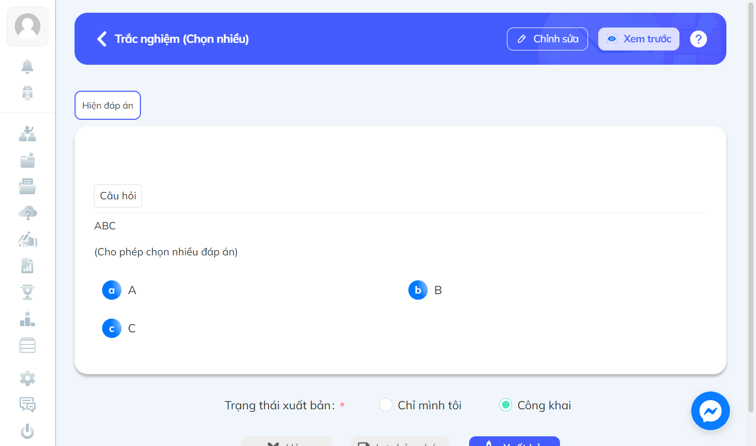 Bảng hiển thị câu hỏi