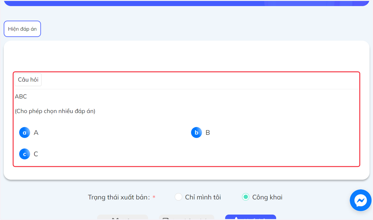 Bảng hiển thị câu hỏi