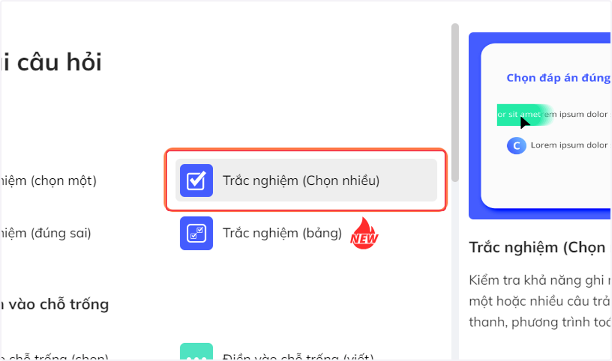 Nhấn chọn "Trắc nghiệm (Chọn nhiều)"