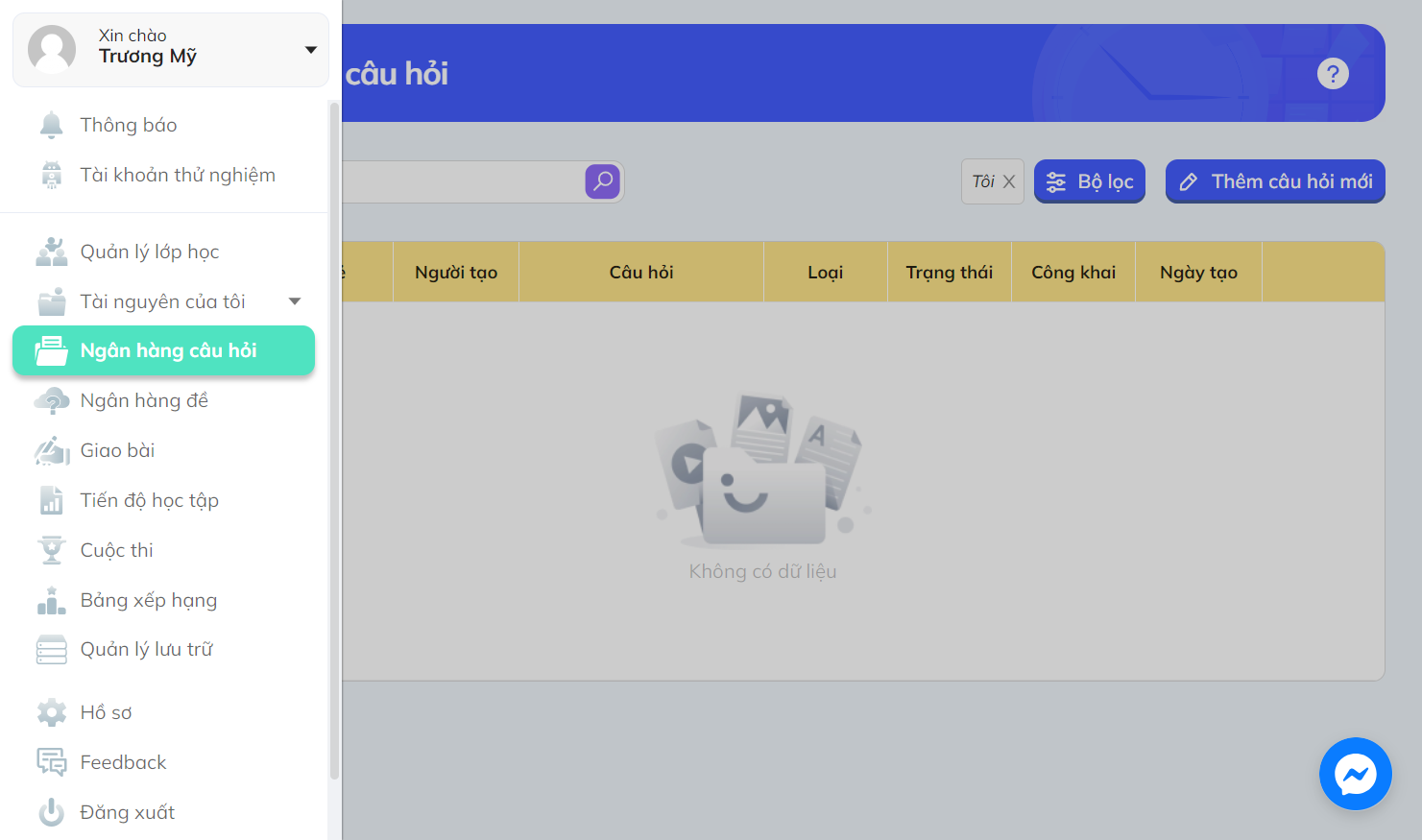 Nhấn chọn "Ngân hàng câu hỏi"