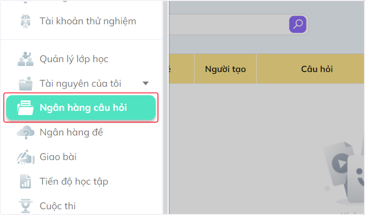 Nhấn chọn "Ngân hàng câu hỏi"