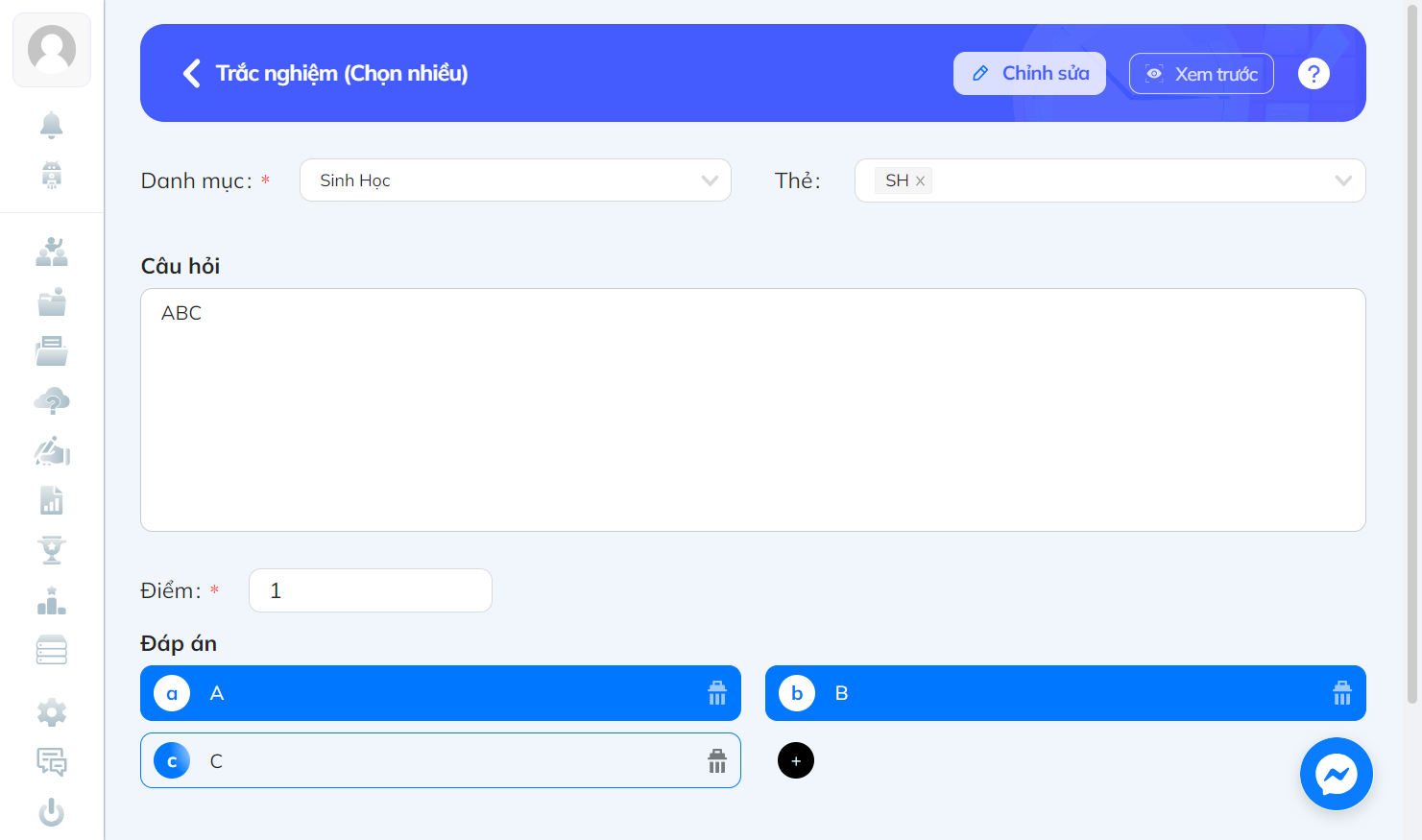 Nhấn chọn "Xem trước" để xem mẫu câu hỏi