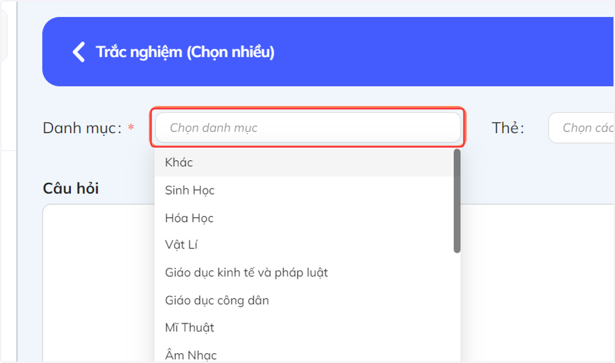 Nhấn vào "Danh mục". Sau đó chọn tên môn học tương ứng