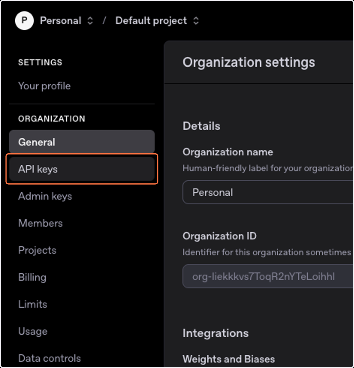 Click on API keys