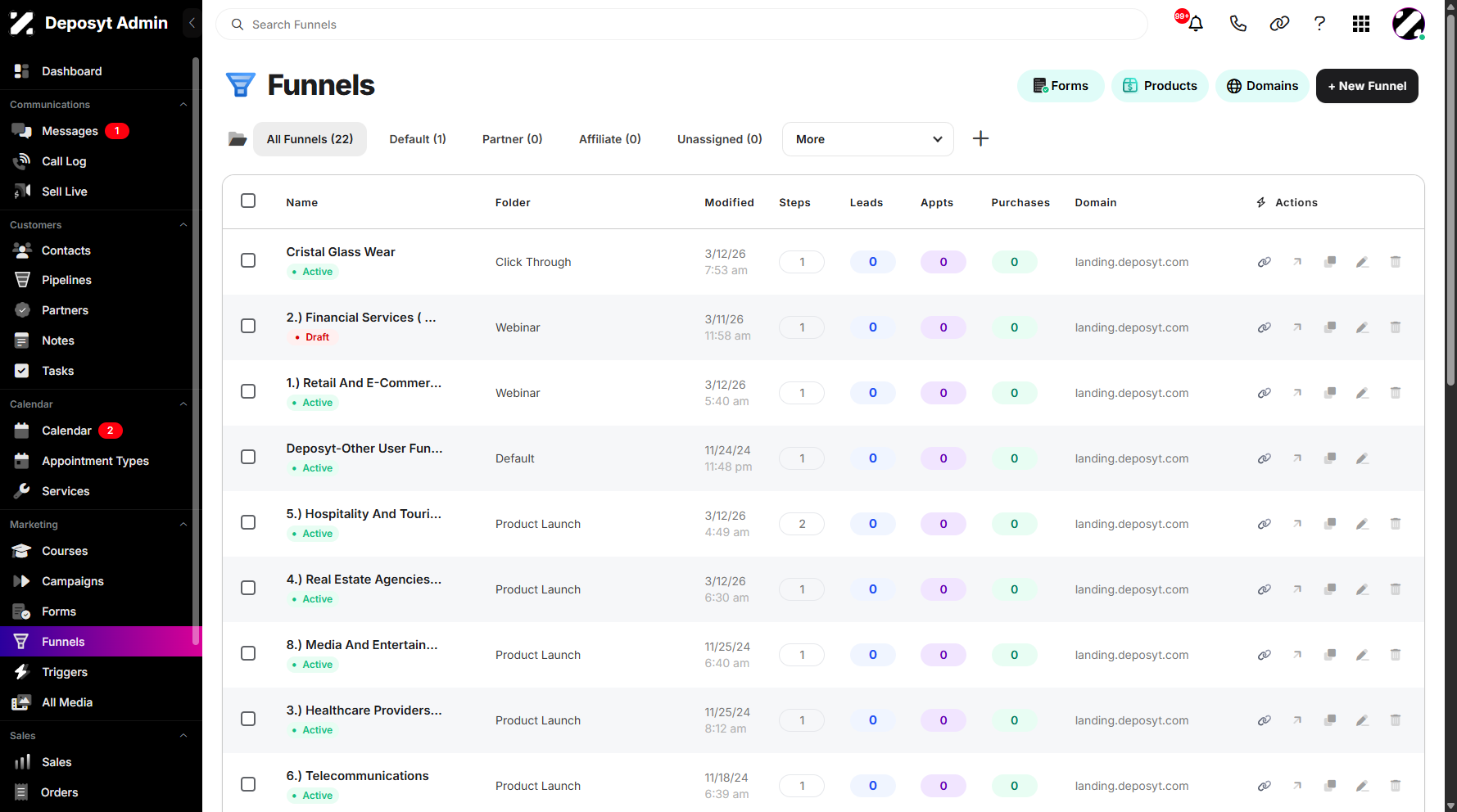Step 1: On your Dashboard, navigate to the Funnels tab under the Marketing section.