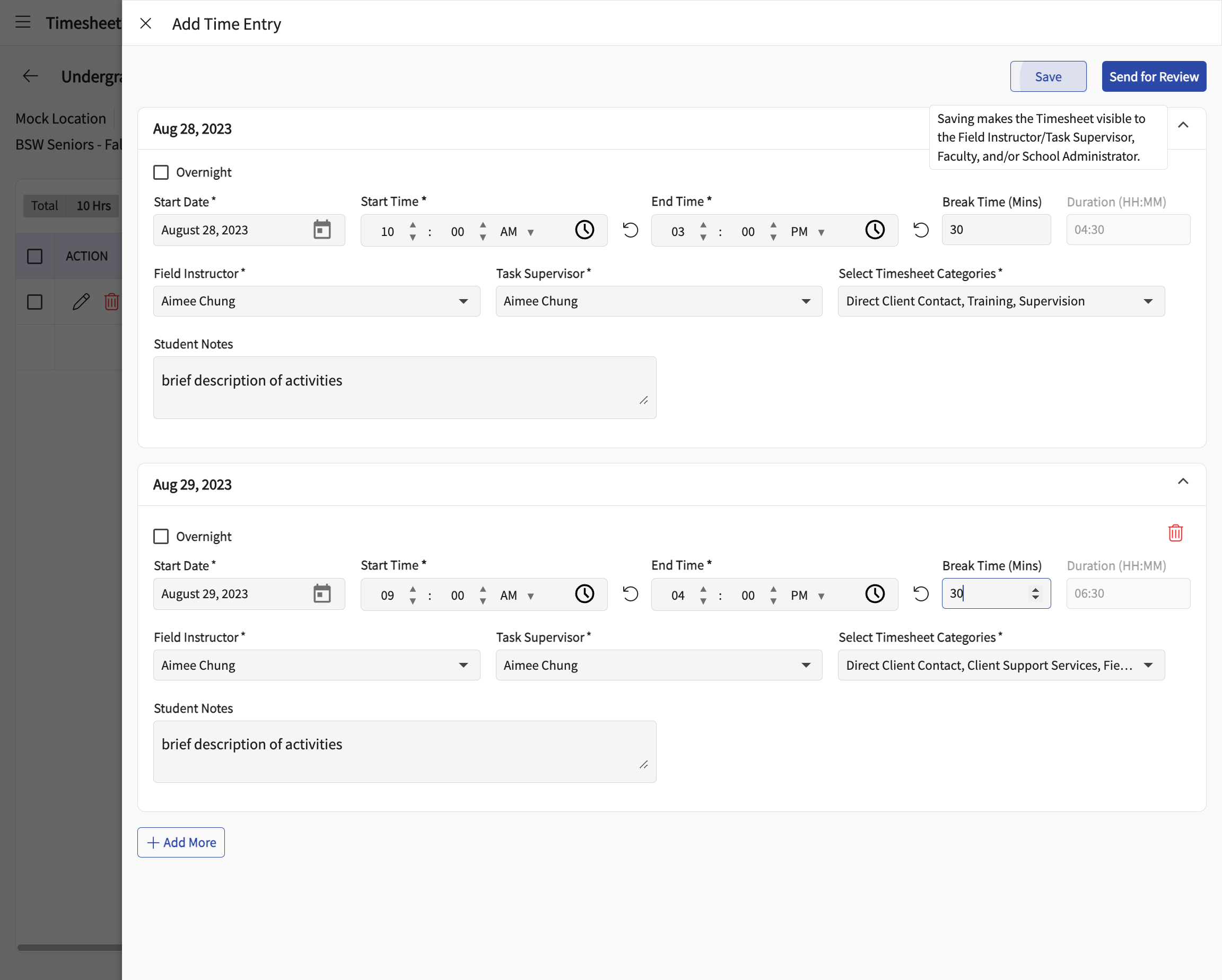 Click on Save at any time to save data entered. Click on Send for review to send these hours. To send hours already saved, return to previous screen.