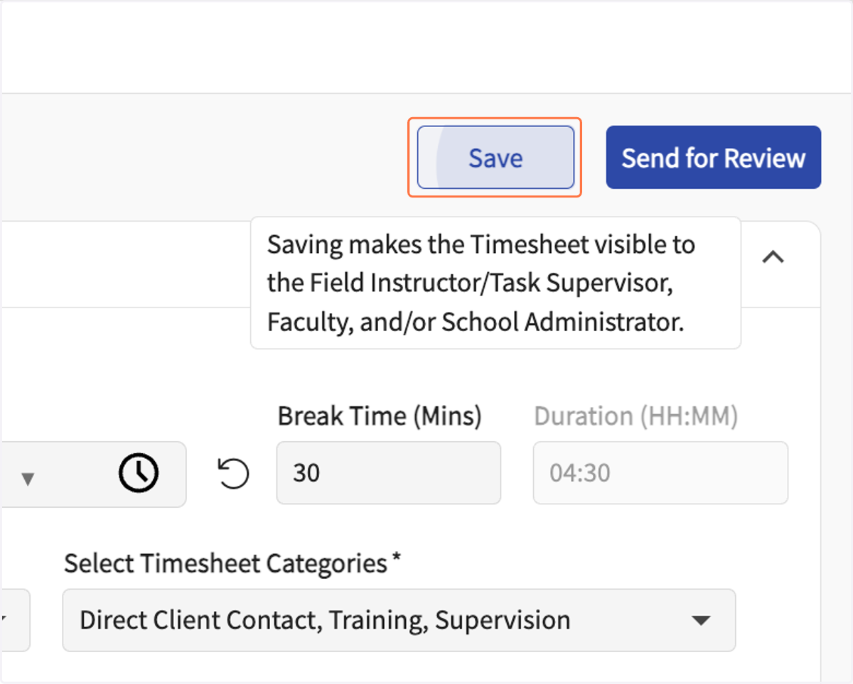 Click on Save at any time to save data entered. Click on Send for review to send these hours. To send hours already saved, return to previous screen.