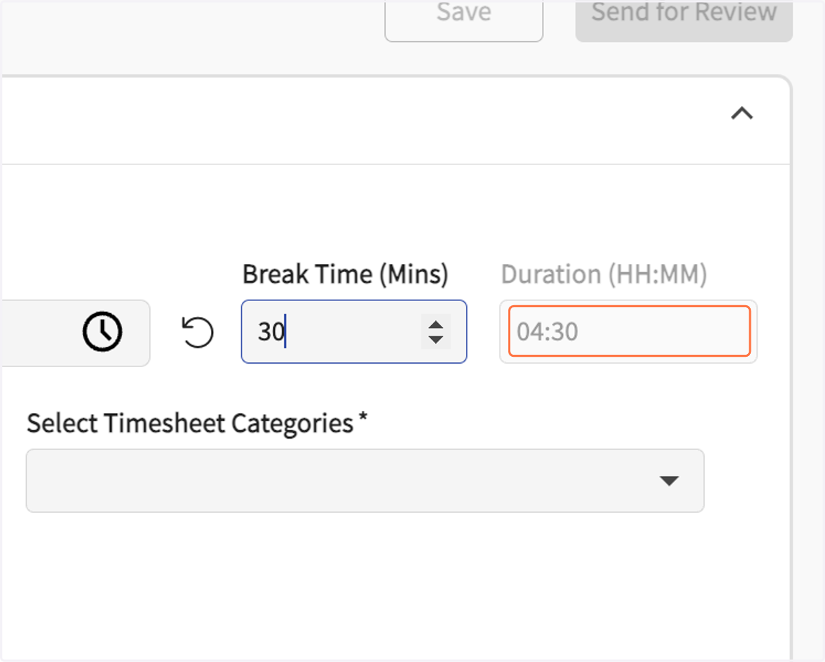 Check that the total hours for that day displays correctly in the duration window.