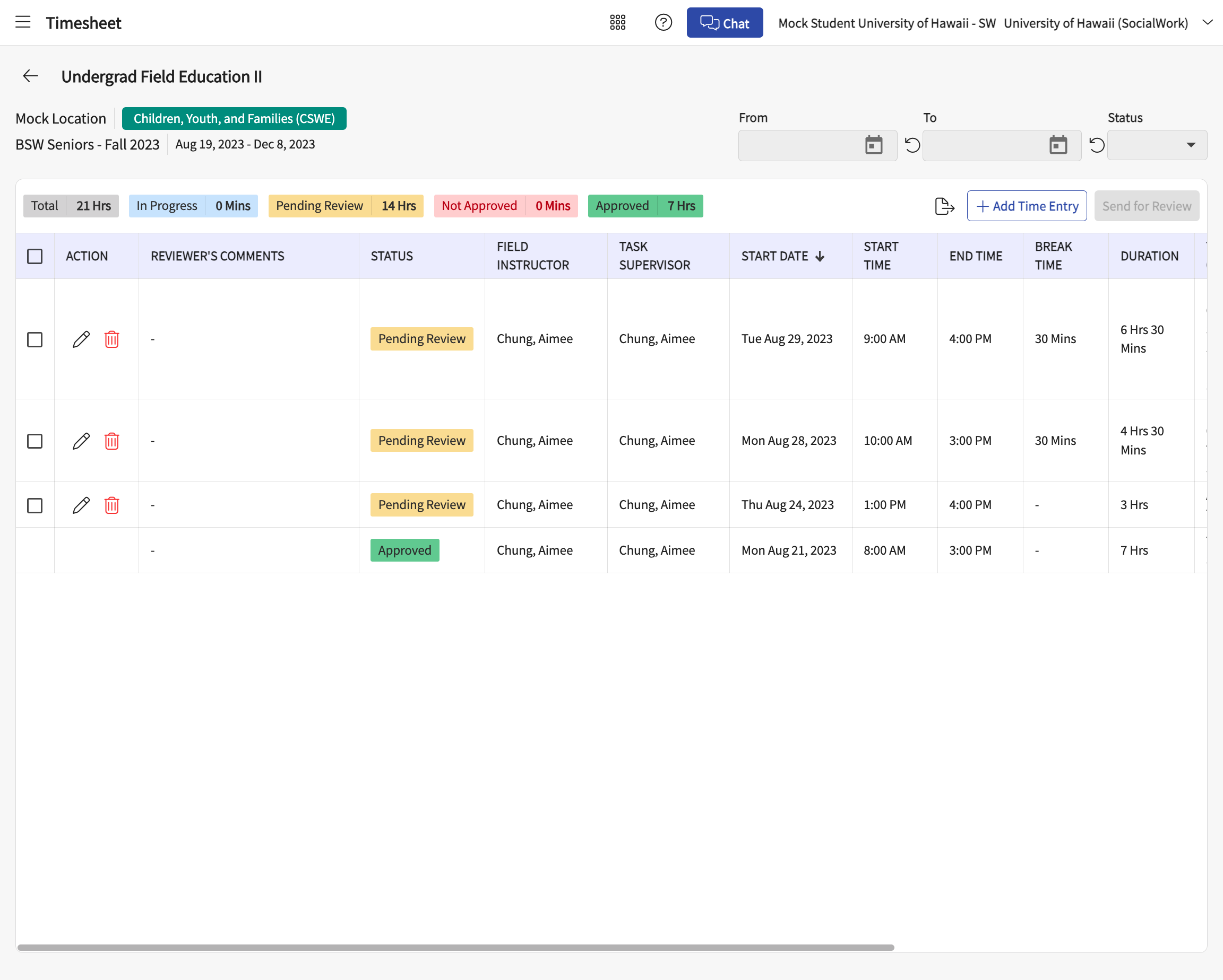 The sent hours should show the yellow "Pending Review" tag in the Status column. Once approved, the green "Approved" tag will appear.