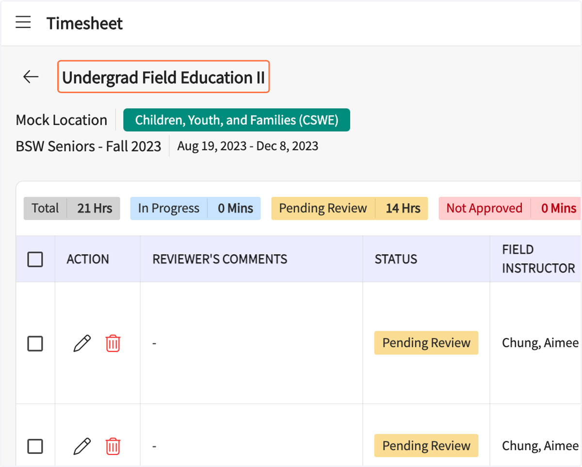 The sent hours should show the yellow "Pending Review" tag in the Status column. Once approved, the green "Approved" tag will appear.