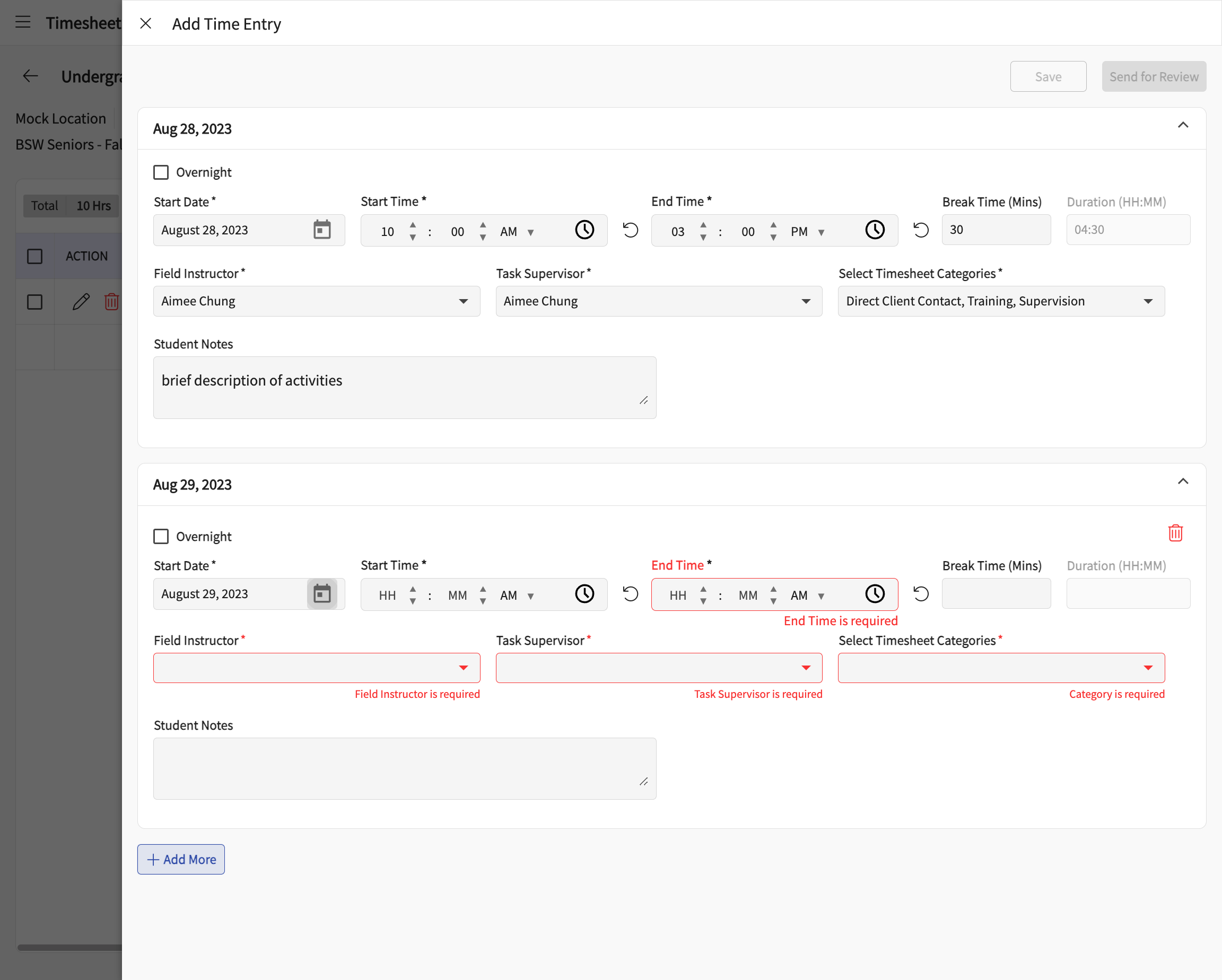 Follow the same steps to add hours for additional days.