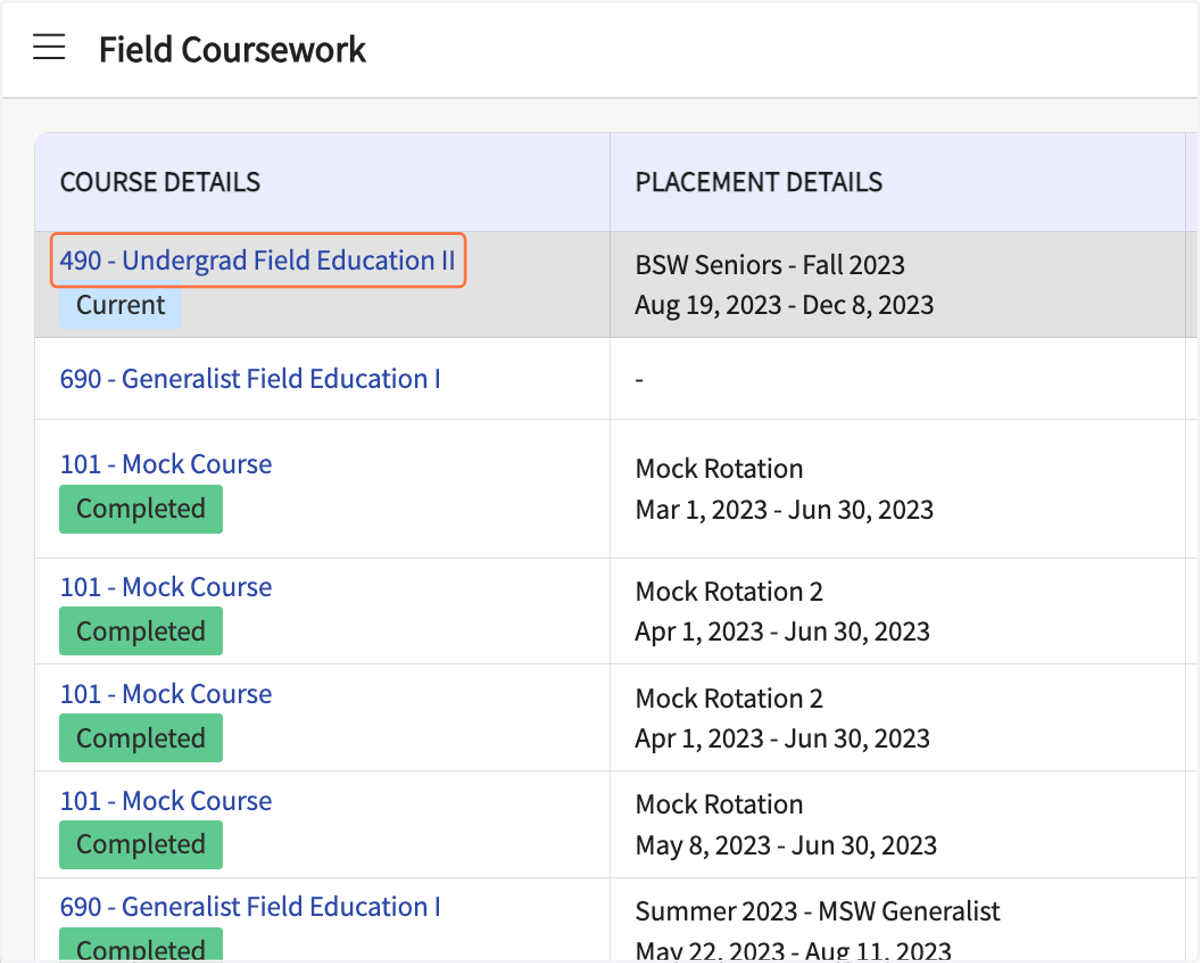 Click on your current Field Education course