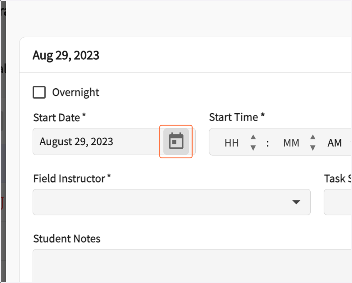 Click on Open calendar to select the date for which you want to enter hours.