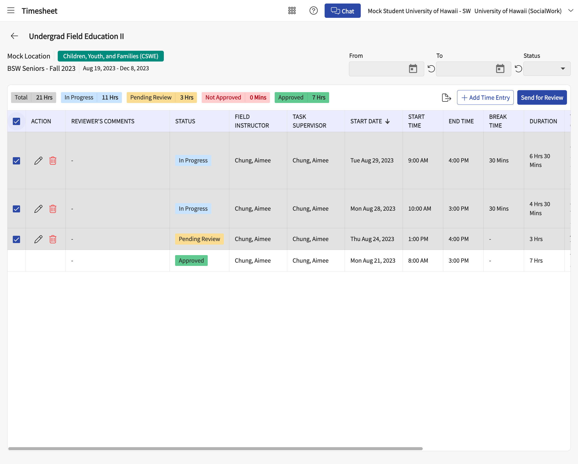 At the list of saved hours entered, check each row of desired hours to send or check the box at the top of the column to select all unsent hours.
