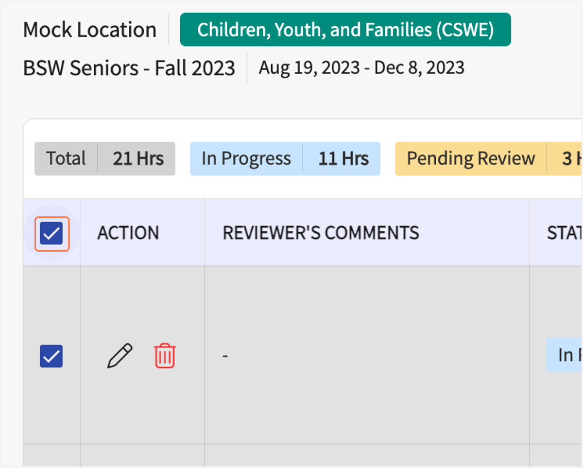 At the list of saved hours entered, check each row of desired hours to send or check the box at the top of the column to select all unsent hours.