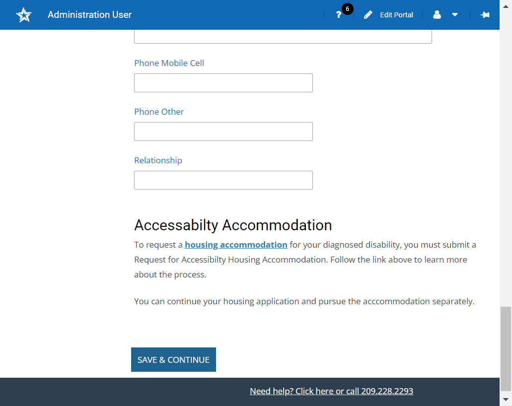 Complete the various requests for information contained in the application. Save and Continue to advance through each page.