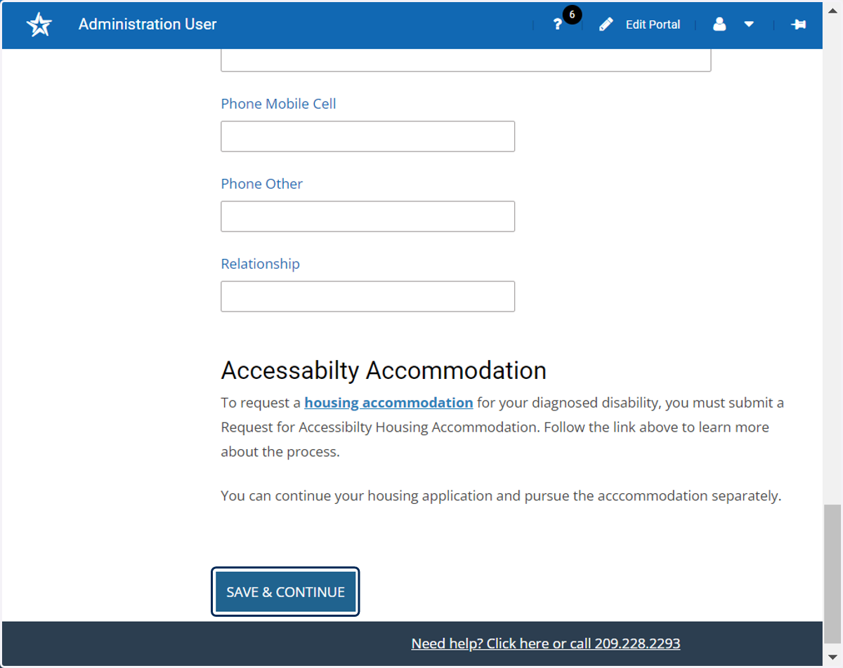 Complete the various requests for information contained in the application. Save and Continue to advance through each page.