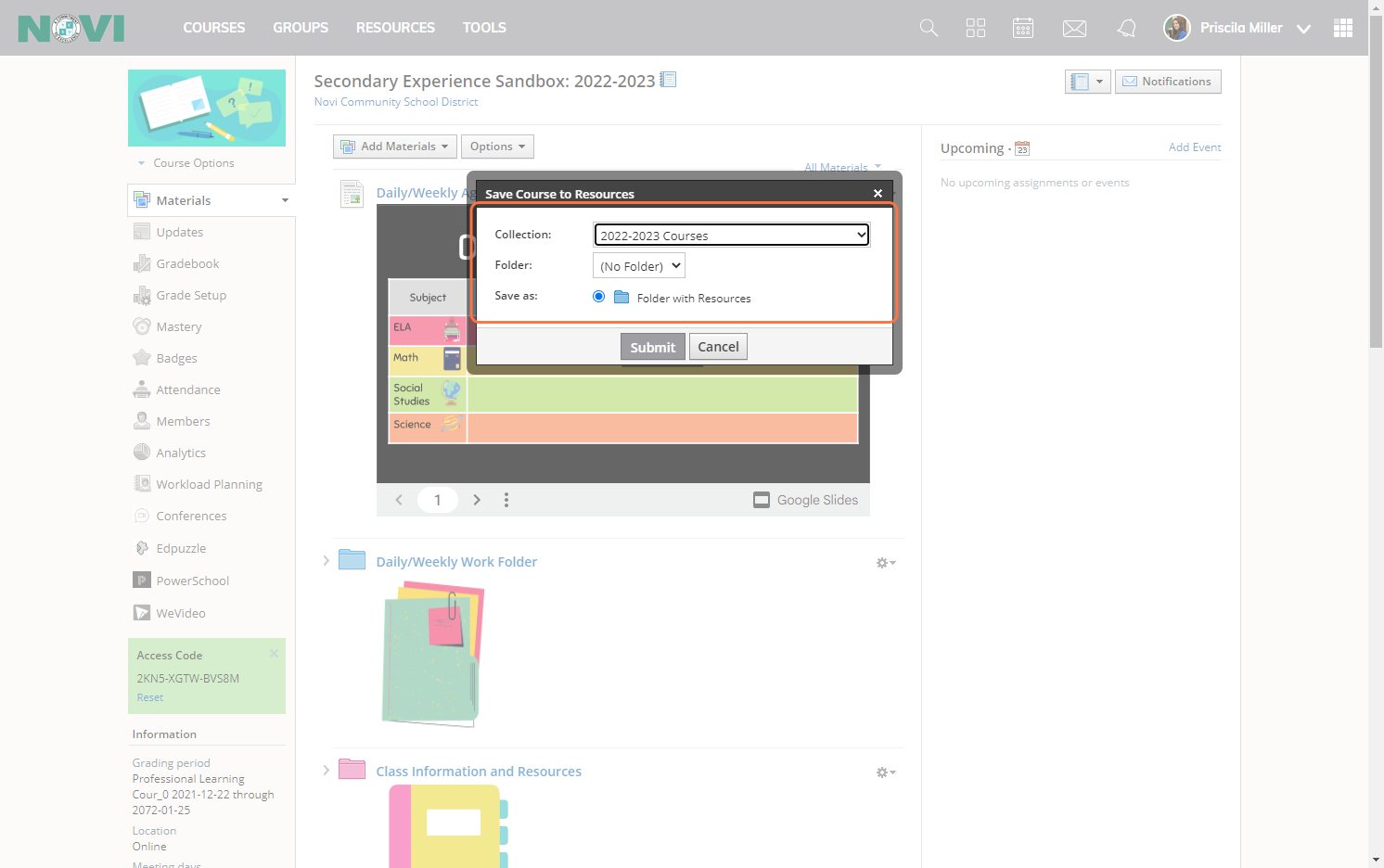 Select a Resource Collection to save the course.