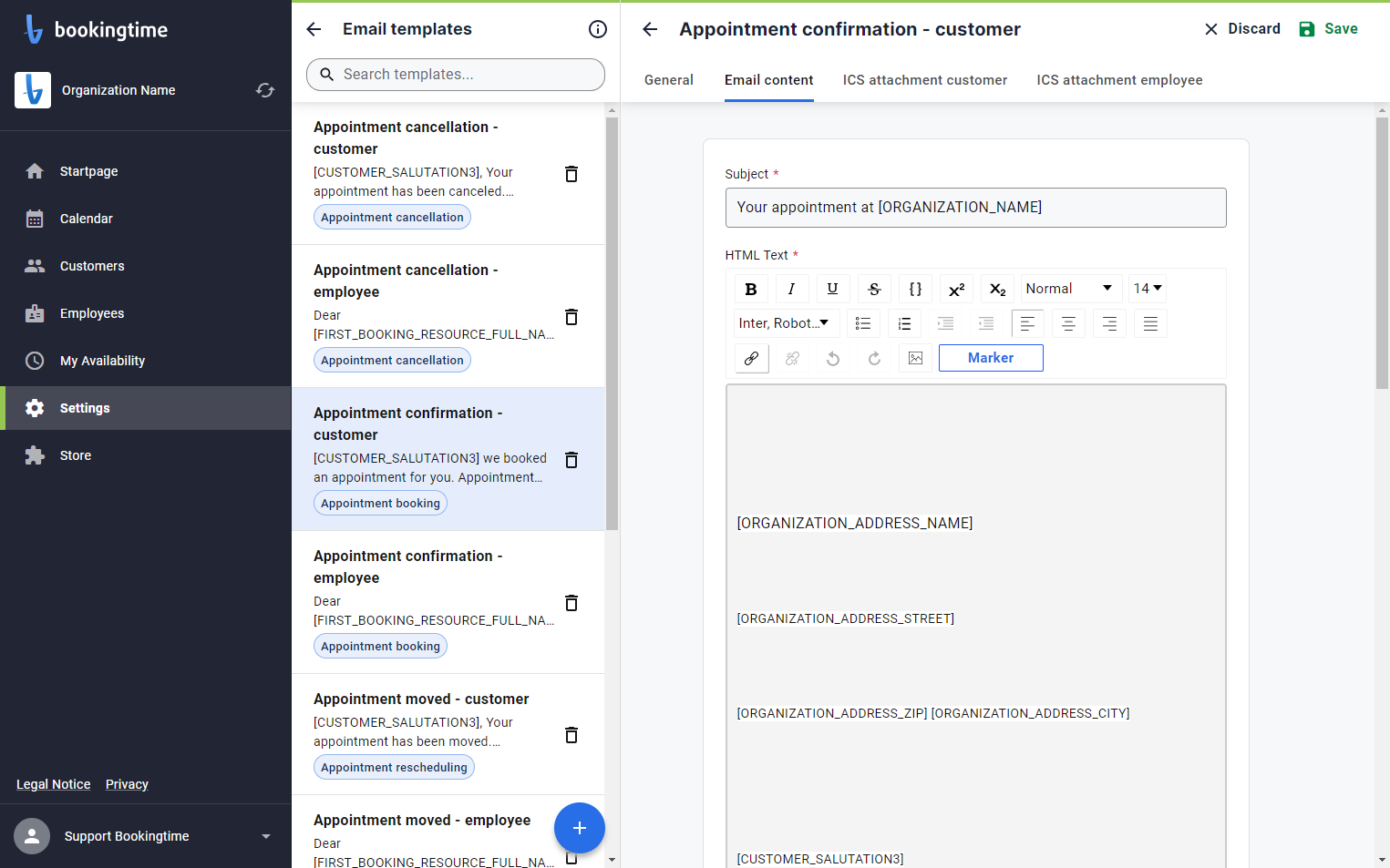 The copied URL is inserted into any of the other templates or into new ones