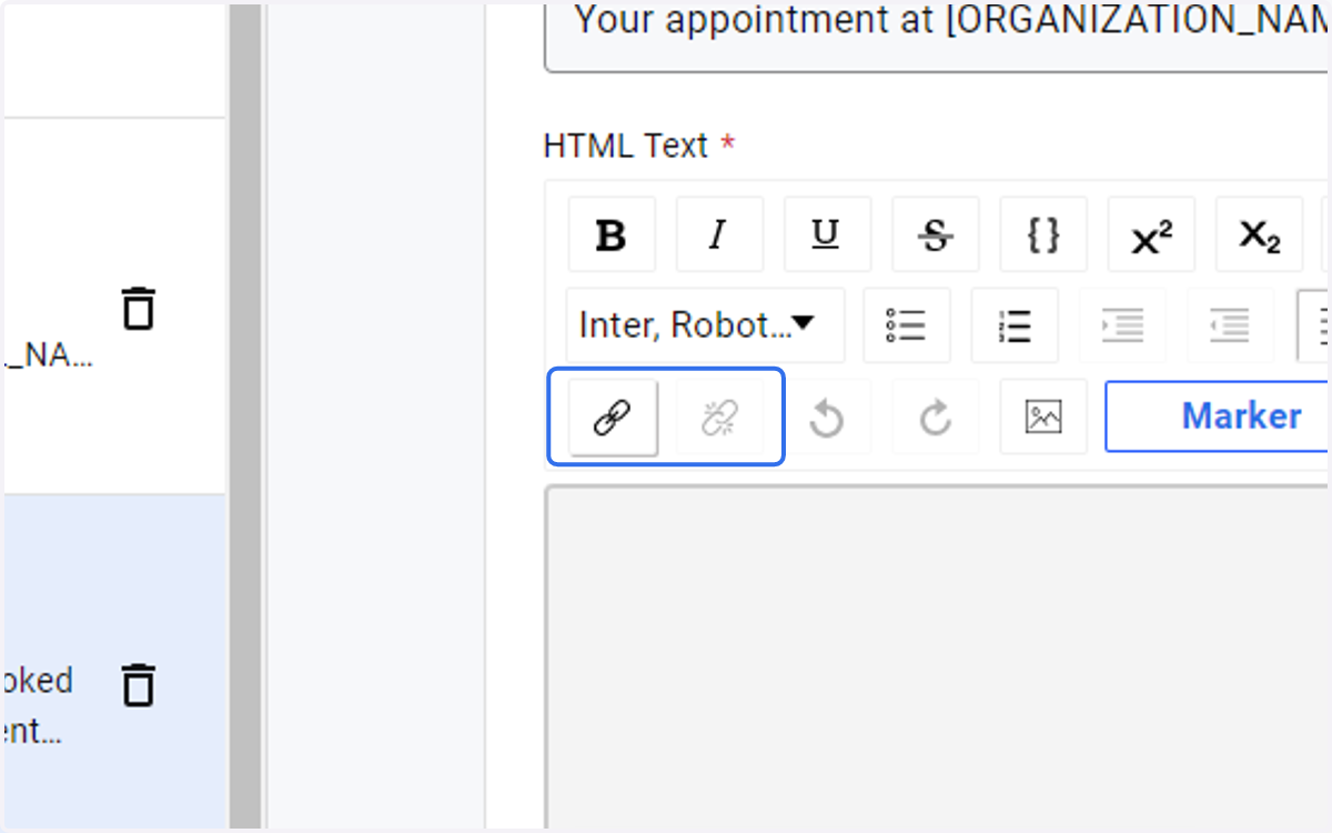 The copied URL is inserted into any of the other templates or into new ones