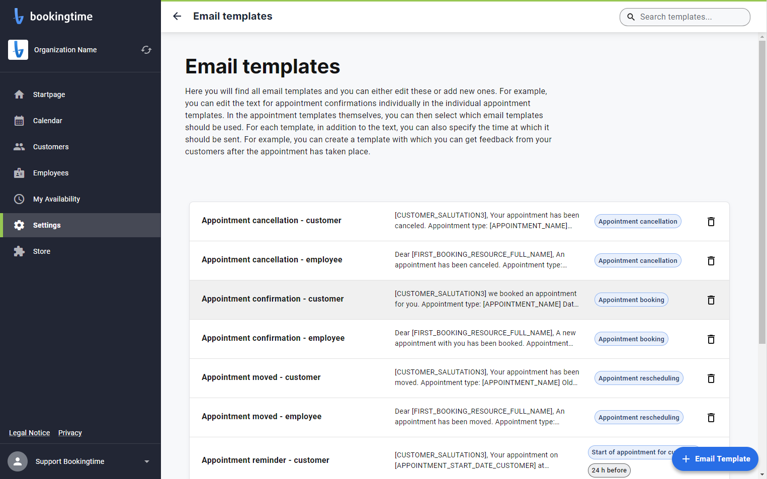 Click on the template you want to customise eg. Appointment confirmation - customer