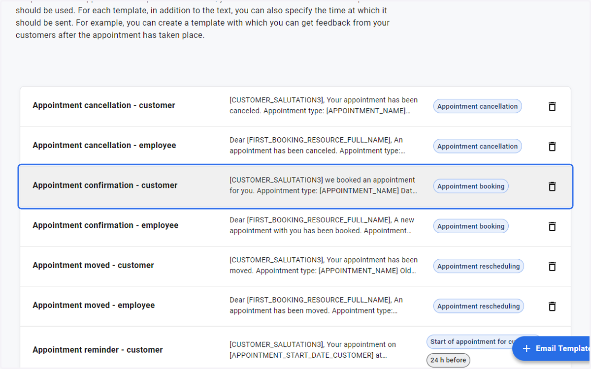 Click on the template you want to customise eg. Appointment confirmation - customer