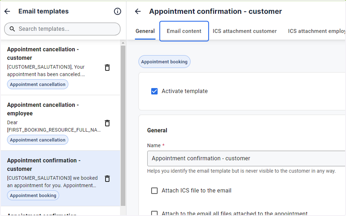 Open the Email content Tab