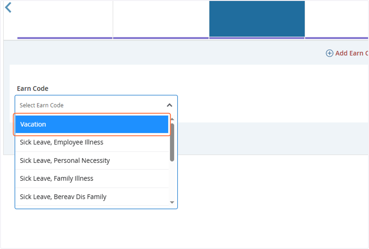 Input the first "Earn Code," such as Vacation, with 4.0 hours.