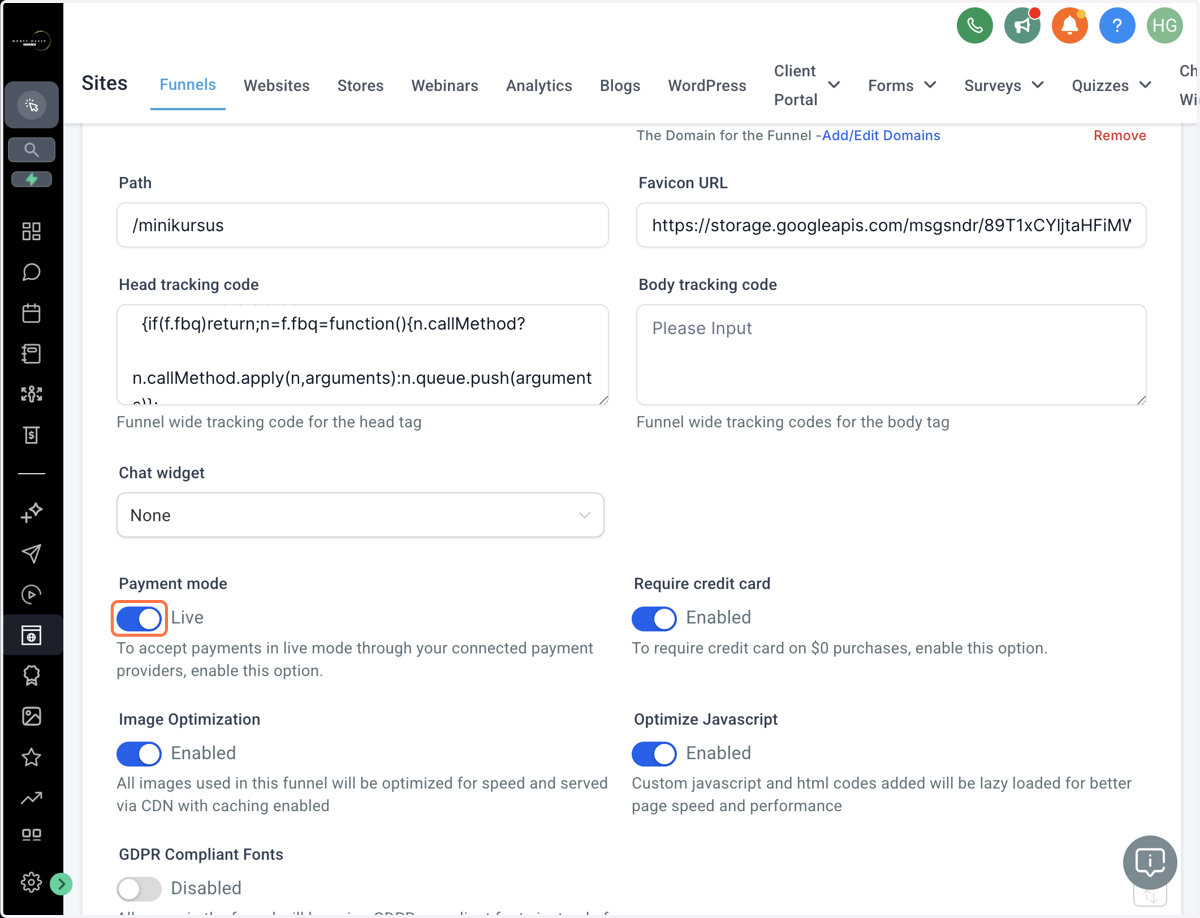 Scroll ned til Payment mode og slå Live-mode fra