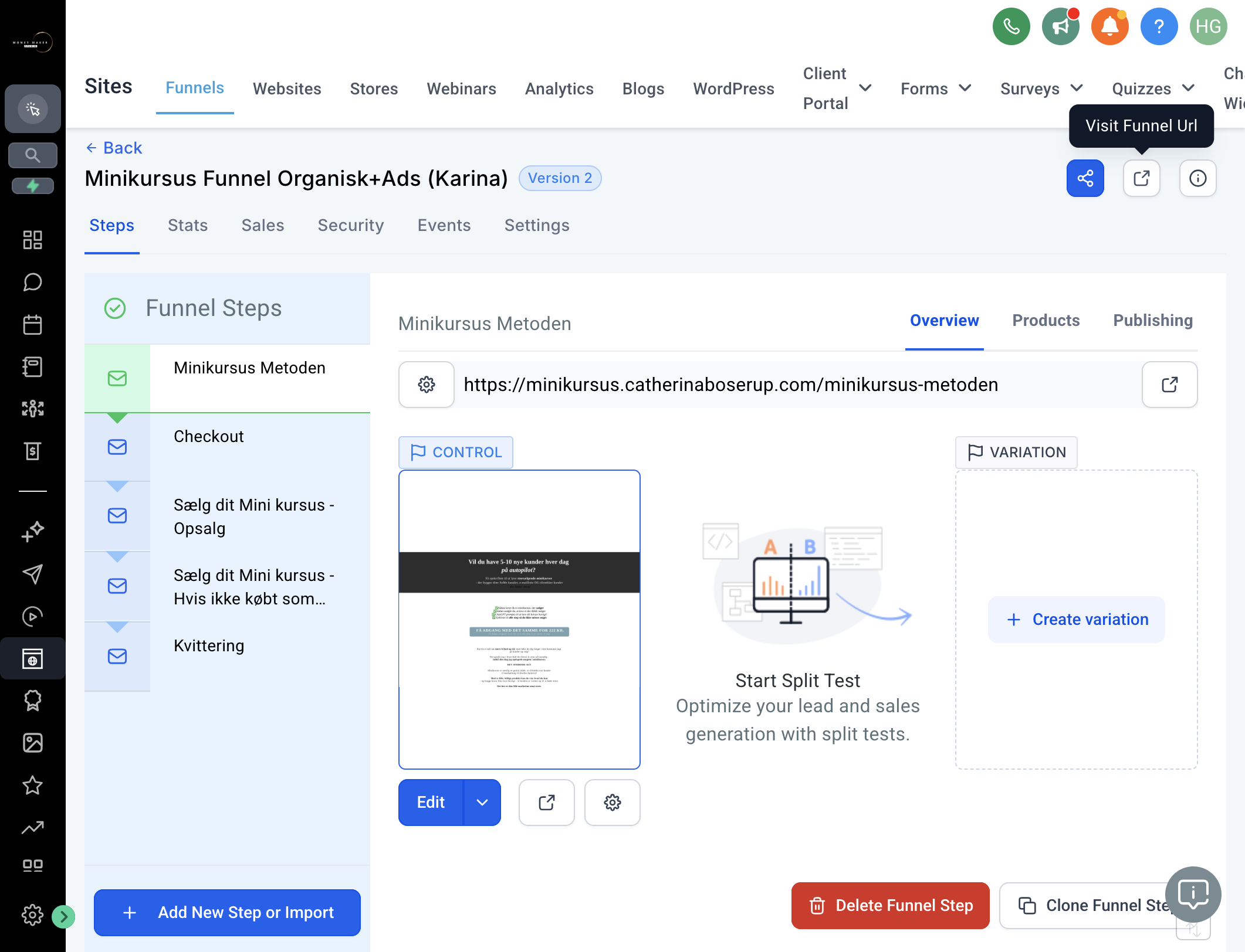Klik på din Funnel Url for at lave et testkøb
