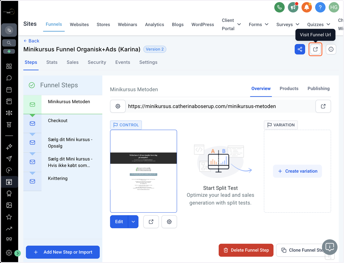 Klik på din Funnel Url for at lave et testkøb