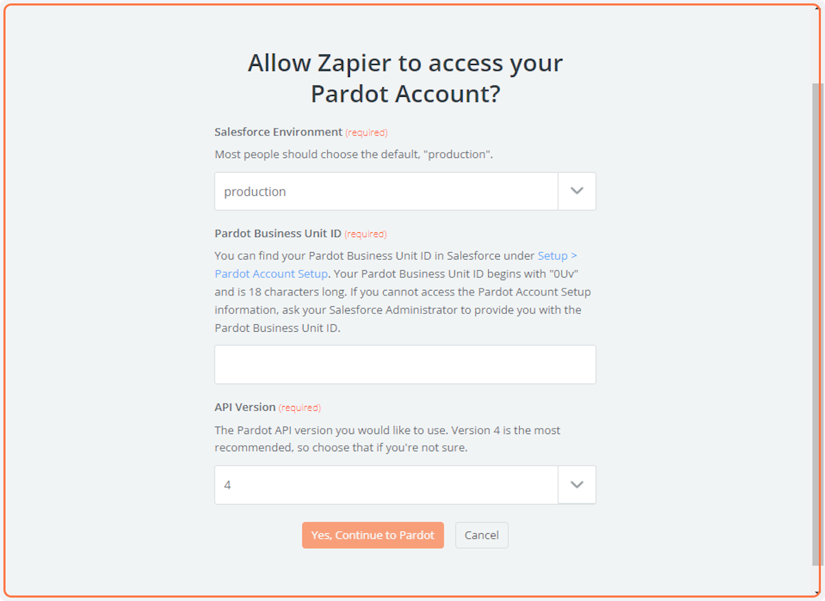 A new window will open allowing you to enter your Pardot Business Unit ID and API Version