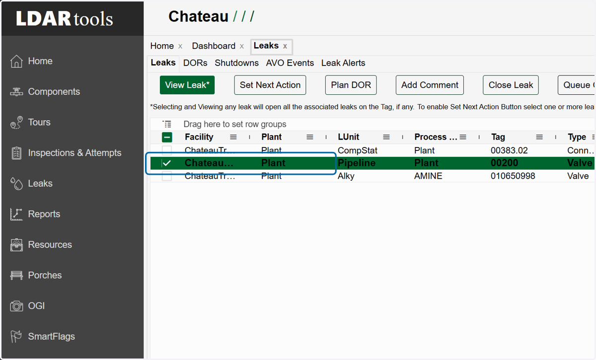 Choose the leak to which you want to add a retest.